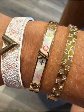 Inspired Pink and White Monogram Leather Wrap and Enamel Bangle Set